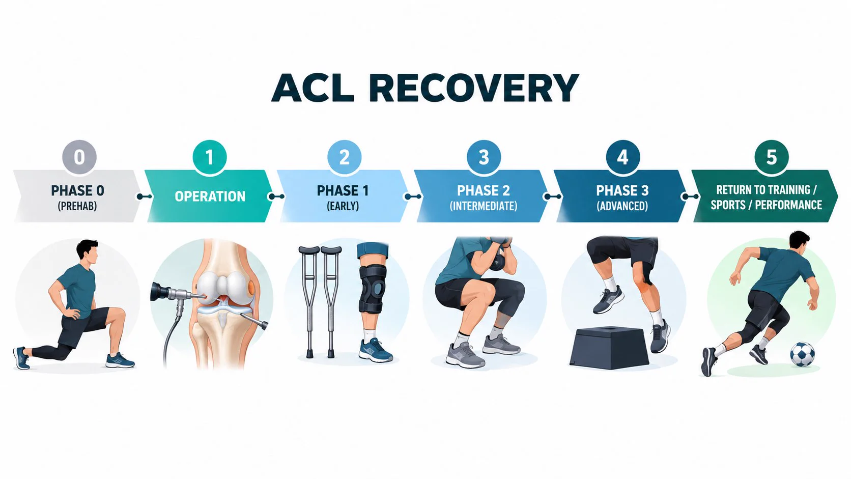 Enam peringkat pemulihan ACL mengikut urutan, dari persediaan sebelum pembedahan, pembedahan, pemulihan awal, pertengahan dan lanjutan, hingga kembali ke latihan dan sukan