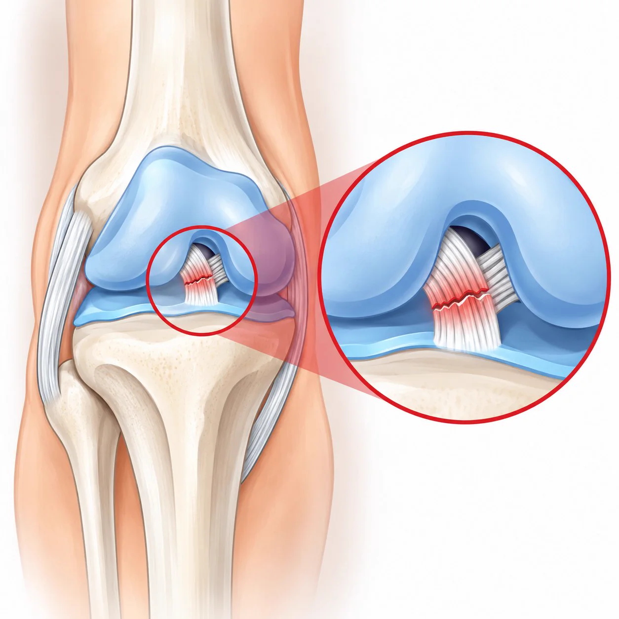 Ilustrasi sendi lutut dari hadapan, dengan bulatan dekat menunjukkan ligamen anterior cruciate yang koyak di tengahnya