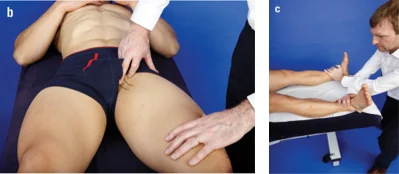 Two examination photographs side by side: palpation of the adductor origin at the groin, and the legs held in abduction to test the adductors