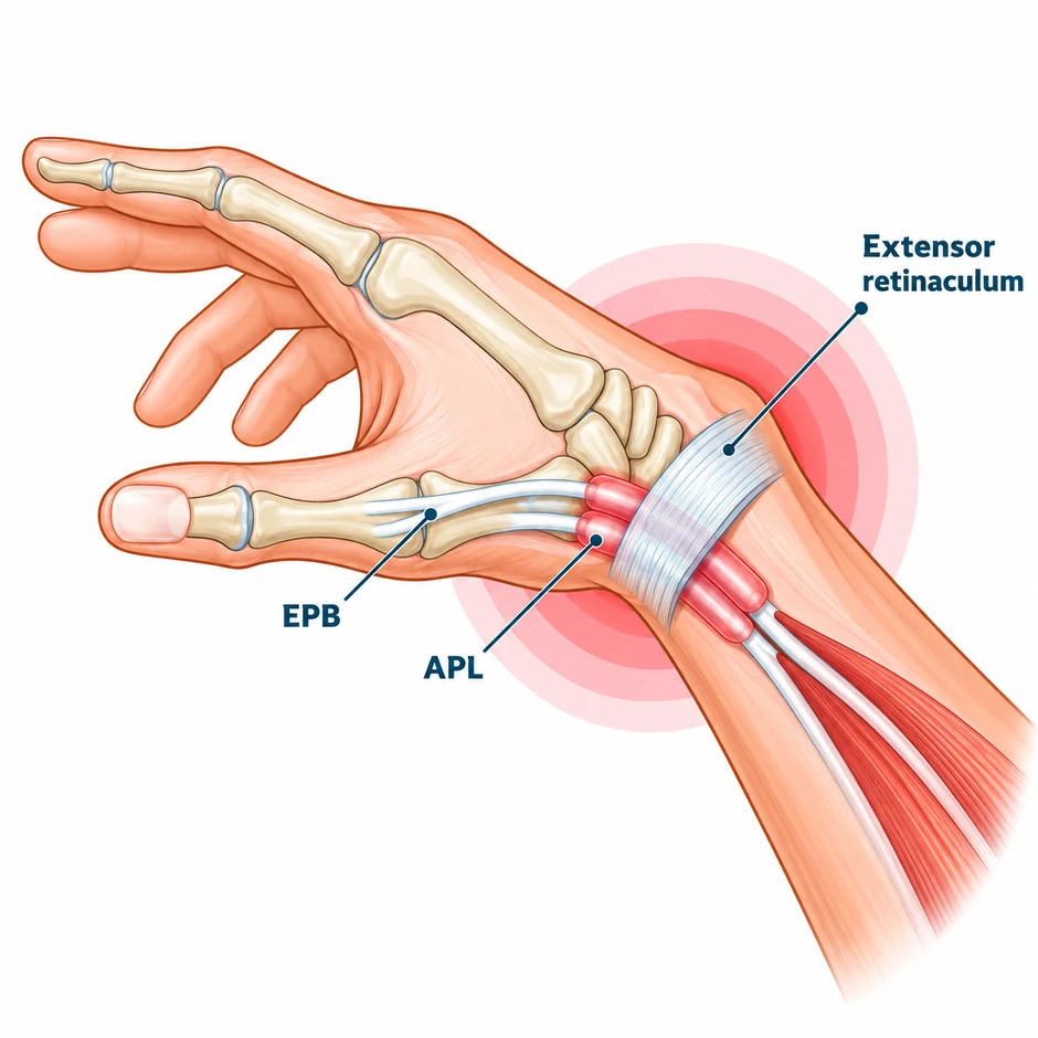 Ilustrasi bahagian pergelangan tangan di sebelah ibu jari menunjukkan dua tendon ibu jari, APL dan EPB, melalui sarungnya di bawah extensor retinaculum