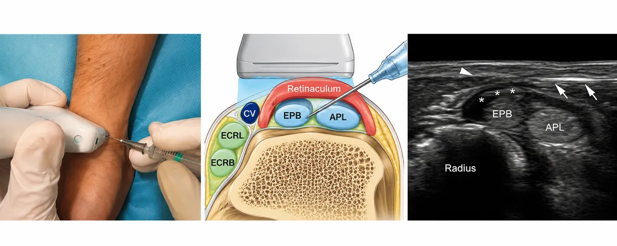 Tiga panel suntikan berpandukan ultrasound di pergelangan tangan: gambar prob ultrasound dan jarum pada lengan, keratan rentas berlabel kompartmen extensor pertama dengan jarum di bawah retinakulum, dan imej ultrasound yang sepadan