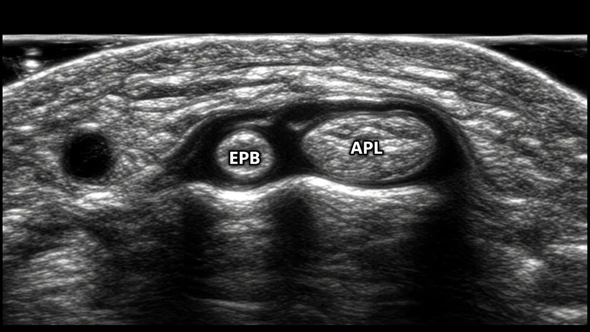 Imej ultrasound pergelangan tangan dalam keratan rentas, melabel tendon APL dan EPB dalam kompartmen extensor pertama