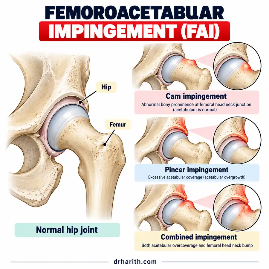Infographic comparing a normal hip joint with the three types of femoroacetabular impingement: cam impingement from a bony bump at the femoral head-neck junction, pincer impingement from acetabular over-coverage, and combined impingement with both