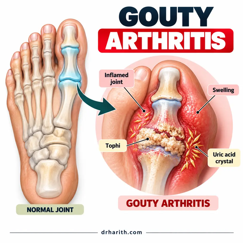 Perbandingan sendi ibu jari kaki yang normal dengan sendi yang terjejas akibat artritis gout, dengan label sendi yang radang, bengkak, tofus dan kristal asid urik