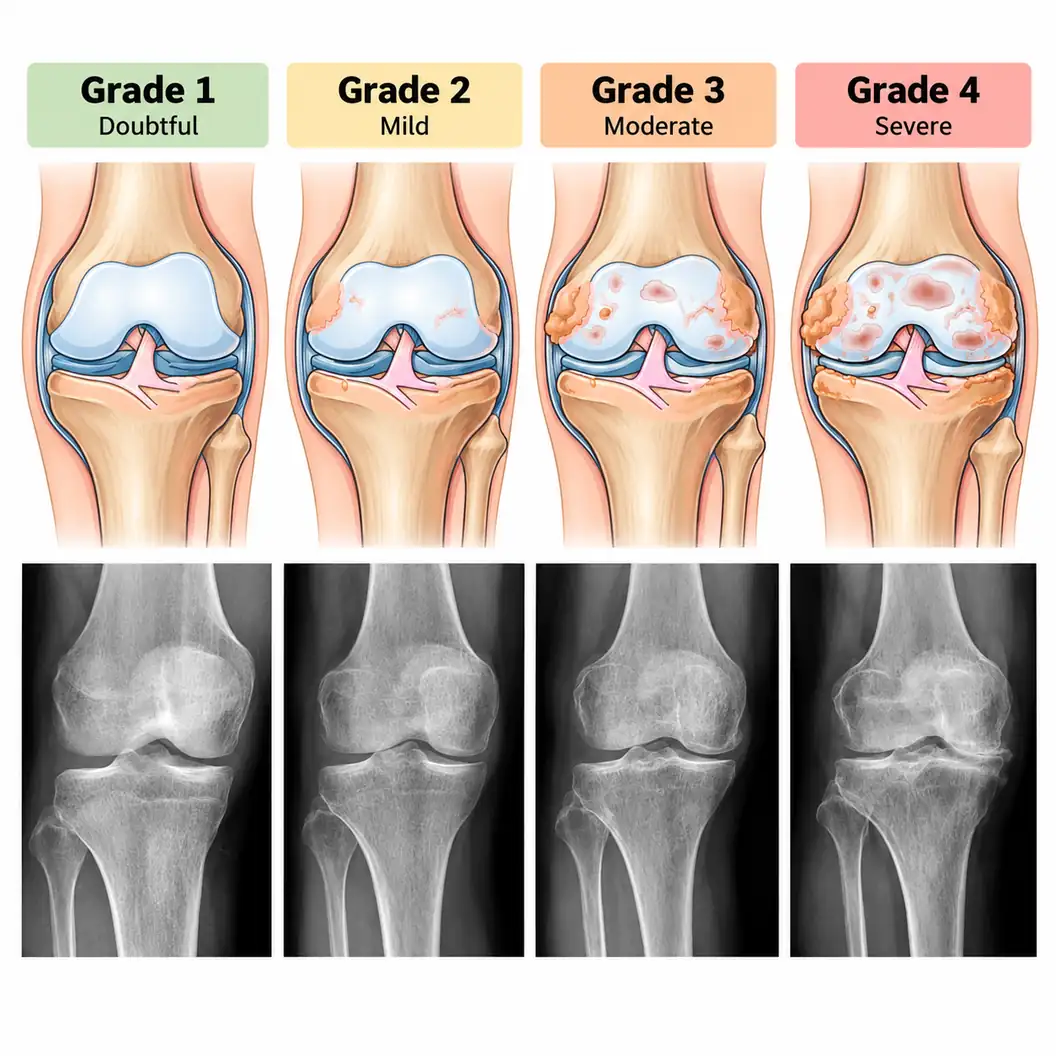 Carta empat panel gred osteoarthritis lutut Kellgren dan Lawrence, daripada gred 1 doubtful melalui gred 2 mild dan gred 3 moderate hingga gred 4 severe, yang memasangkan ilustrasi berwarna sendi lutut dengan radiograf yang sepadan pada setiap gred
