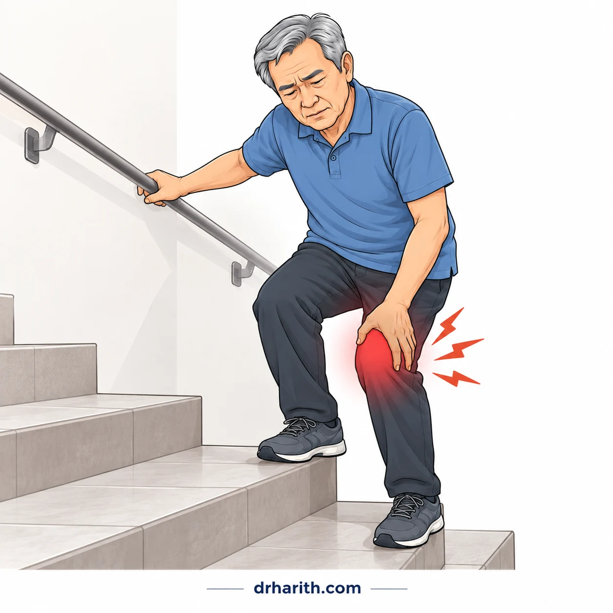 Lelaki lebih berumur menaiki tangga dengan sakit lutut akibat osteoarthritis