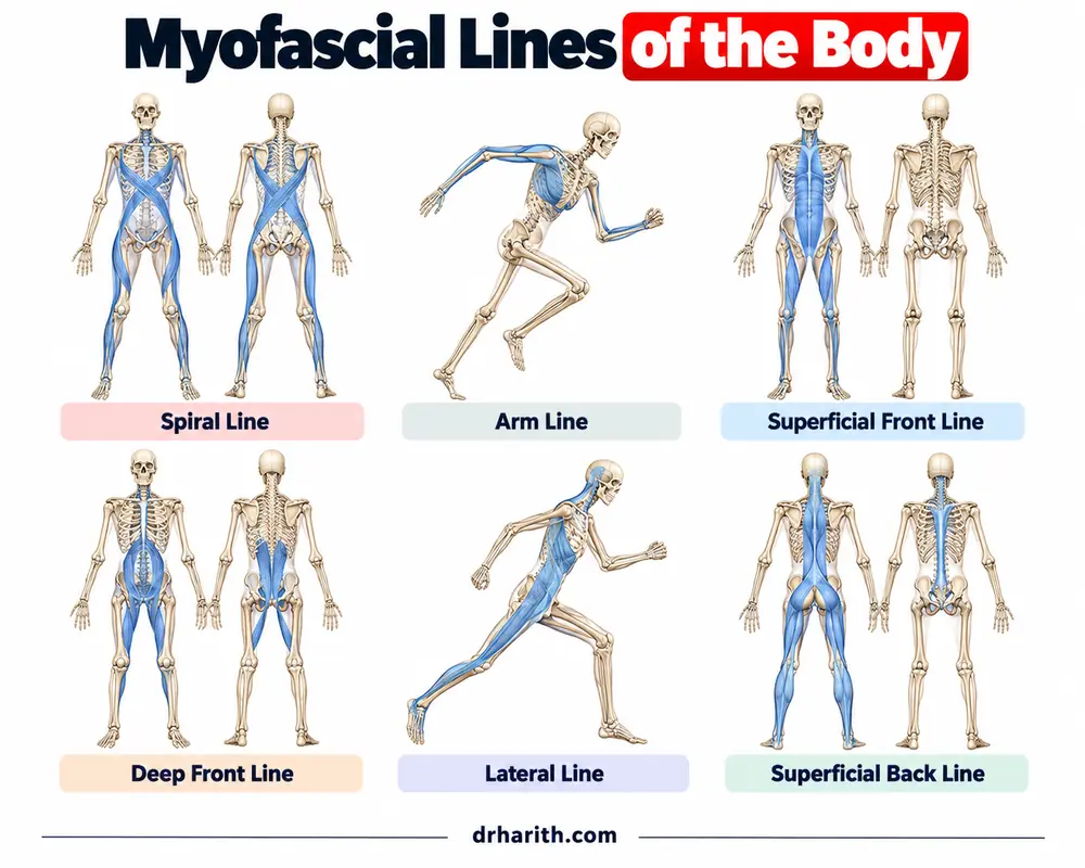Grid enam garis miofasia badan — spiral, lengan, depan superfisial, depan dalam, sisi dan belakang superfisial — setiap satu ditanda pada rangka untuk menunjukkan laluannya