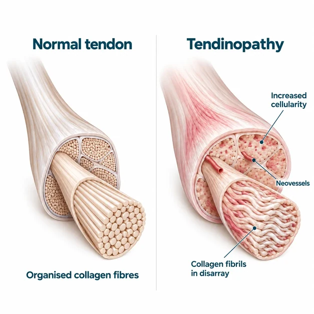 Rajah perbandingan tendon normal, dengan gentian kolagen selari yang tersusun, dan tendon tendinopati yang menunjukkan peningkatan selulariti, neovaskular dan gentian kolagen yang berselerak