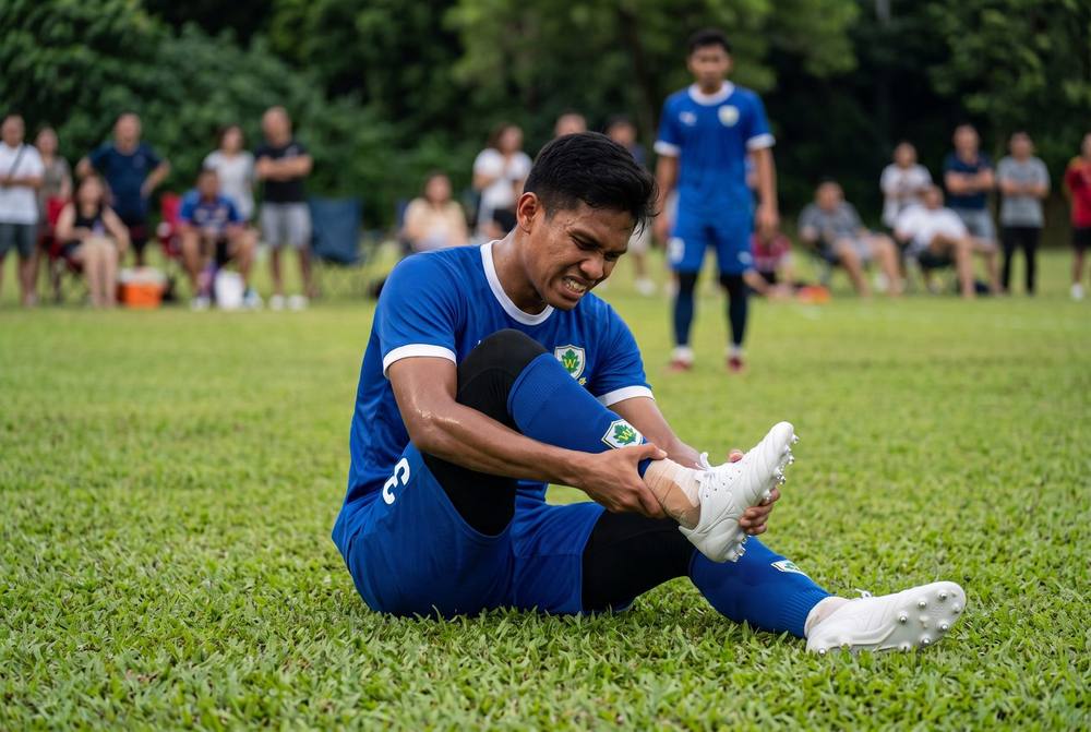 Footballer holding an injured ankle