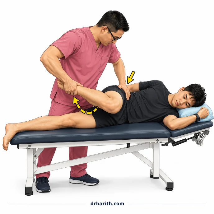 The FAIR test: a supine patient’s hip is flexed, adducted and internally rotated while the pelvis is stabilised, with an arrow marking the region of buttock pain the position provokes