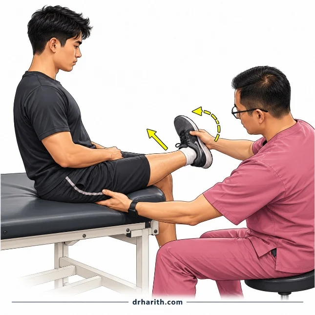 The seated piriformis stretch test: a seated patient’s leg is taken into flexion, adduction and internal rotation while the examiner palpates the deep gluteal region