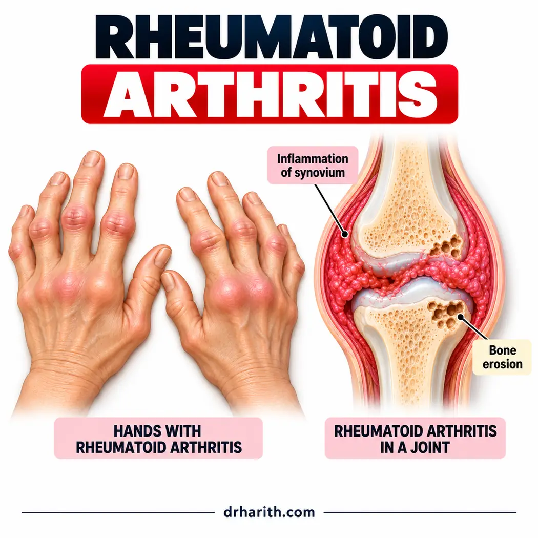 Rajah tangan yang terjejas akibat artritis reumatoid di sebelah keratan rentas sendi yang melabel keradangan sinovium dan hakisan tulang