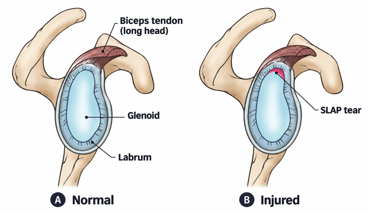 Dua rajah berlabel soket bahu yang membandingkan labrum normal, iaitu gelang rawan yang mendalamkan glenoid dan mengikat tendon kepala panjang bisep, dengan labrum yang cedera yang menunjukkan koyakan SLAP di bahagian atas soket