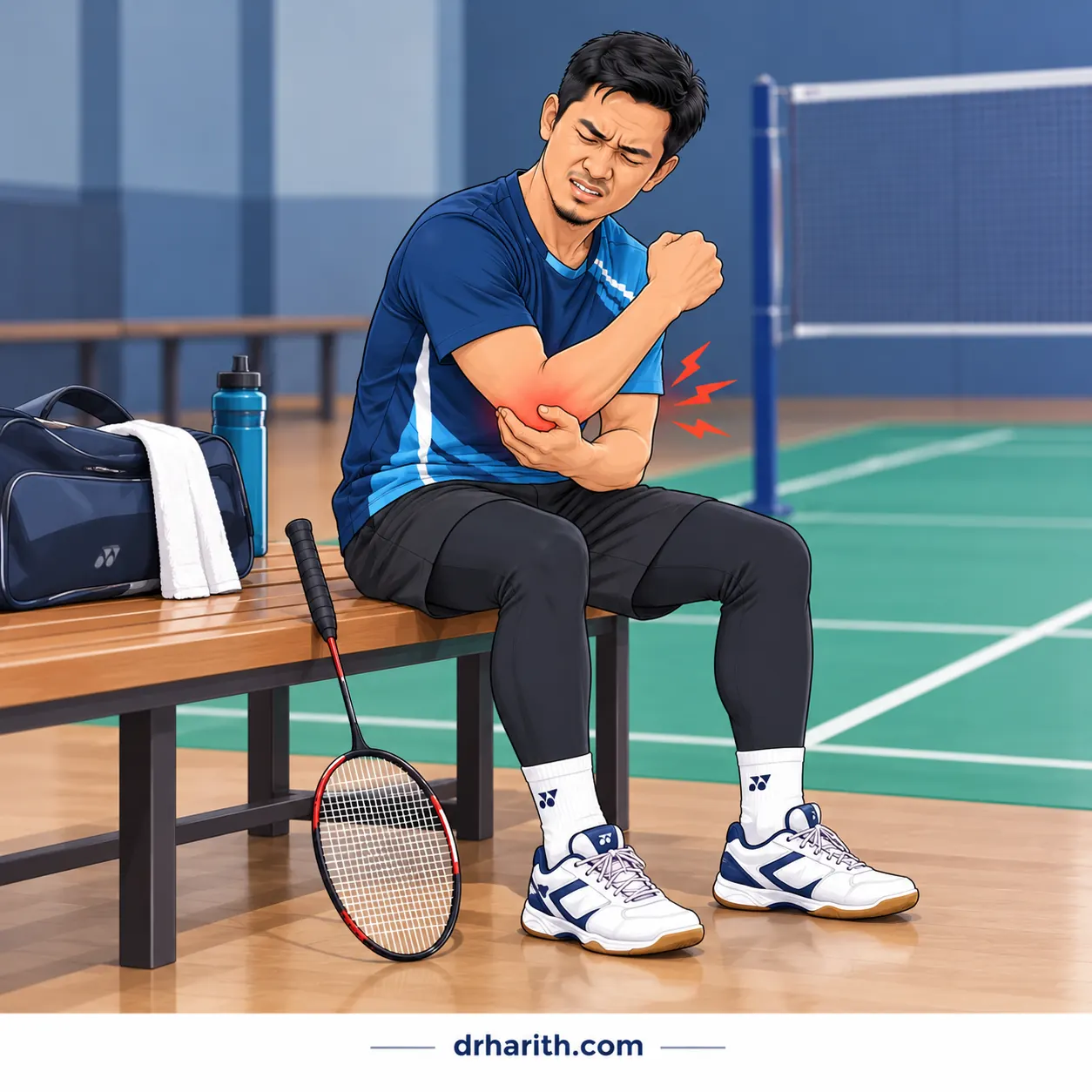 Pemain badminton memegang siku yang sakit (siku tenis)