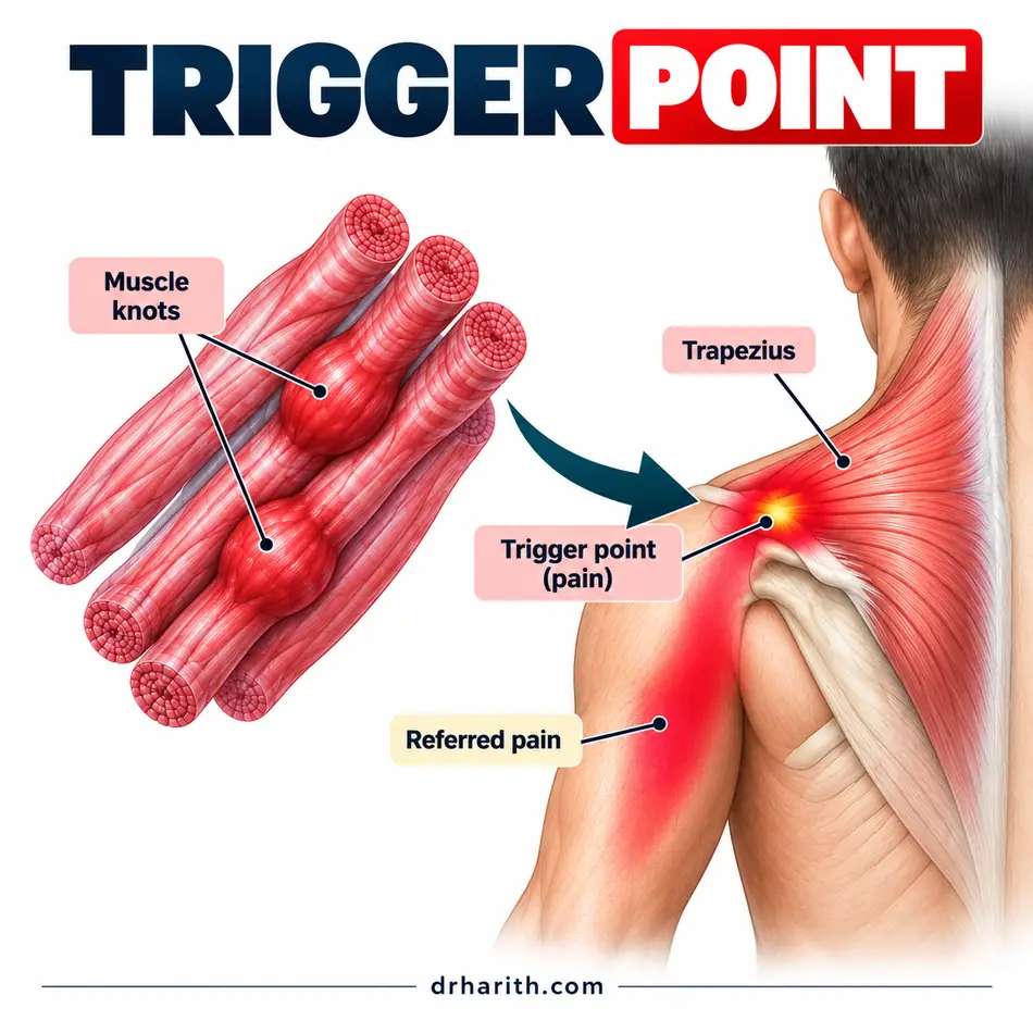 Infografik titik pencetus pada otot trapezius: gambaran dekat gentian otot yang membentuk simpulan, dan leher serta bahu yang ditanda dengan titik pencetus serta sakit yang dirujuk ke lengan atas